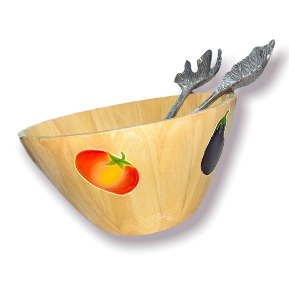 Wooden salad bowl with metal tongs - Picture 2 of 2